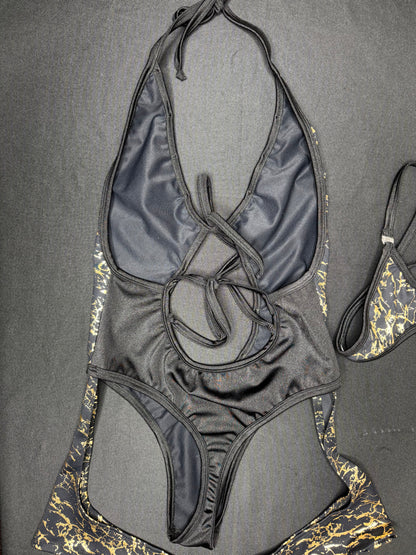 Gold/Black Spandex One-Piece Garter Leotard Lingerie Outfit