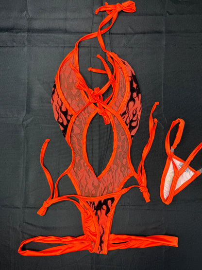 Orange Flame Mesh One-Piece Lingerie Outfit