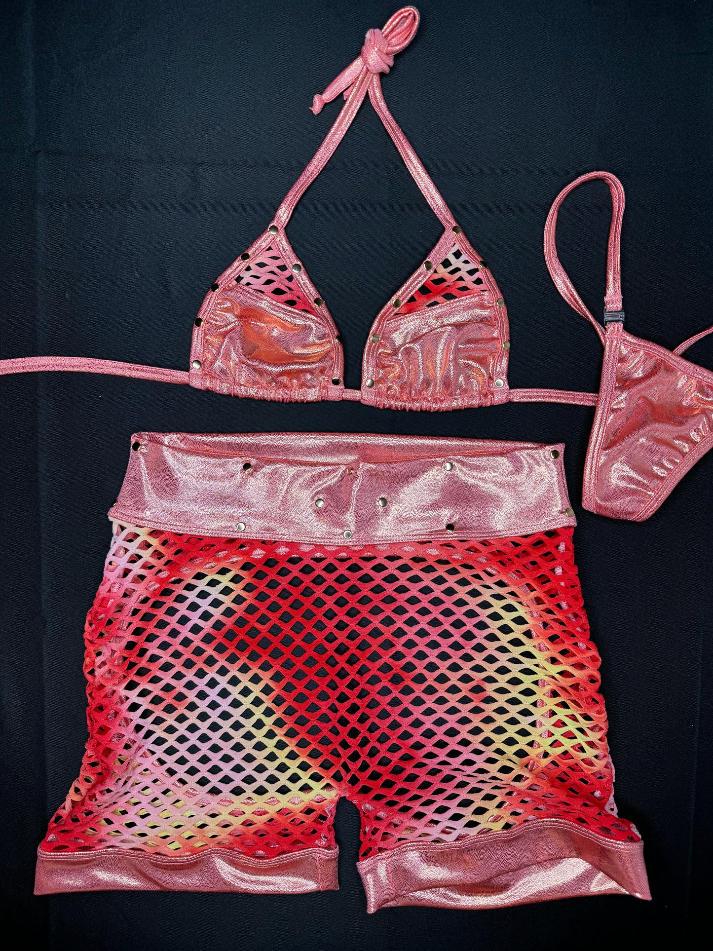 Metallic Pink/Orange/Ombre Fishnet Two-Piece Chaps Lingerie Outfit