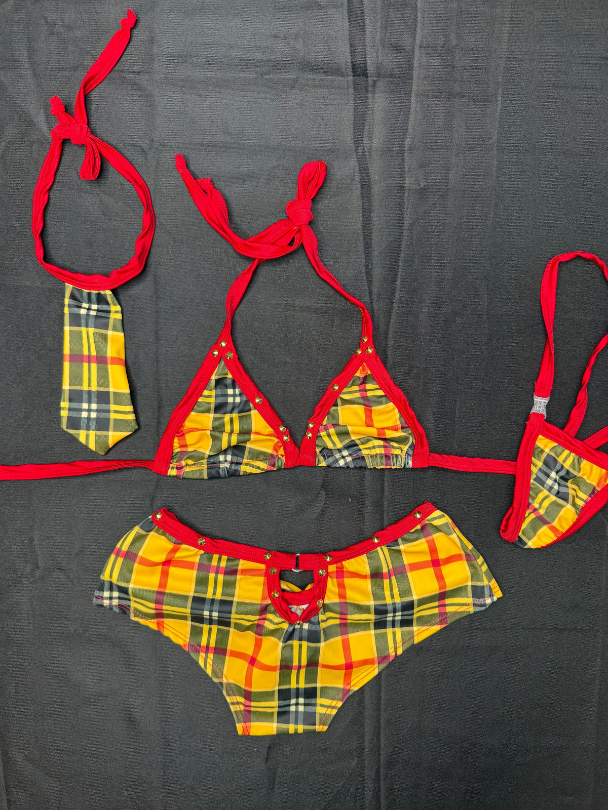 Yellow Plaid Two-Piece Shorts Neck Tie School Girl Lingerie Outfit