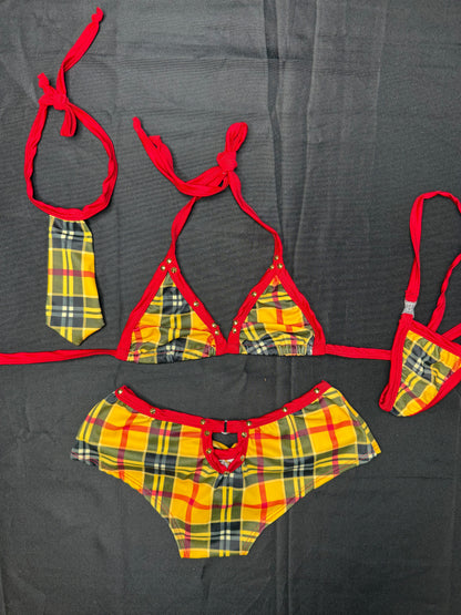 Yellow Plaid Two-Piece Shorts Neck Tie School Girl Lingerie Outfit