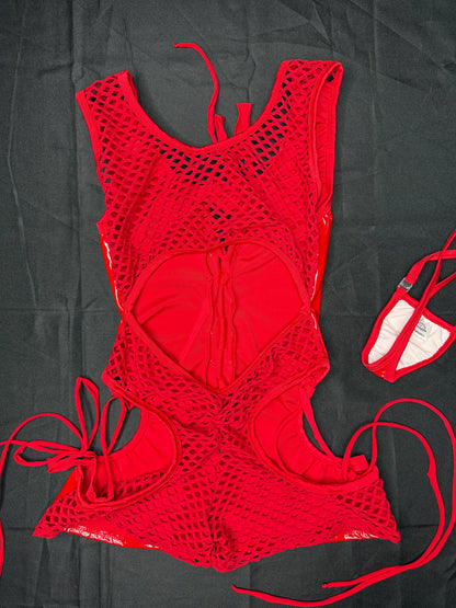 Red Latex One-Piece Lingerie Outfit