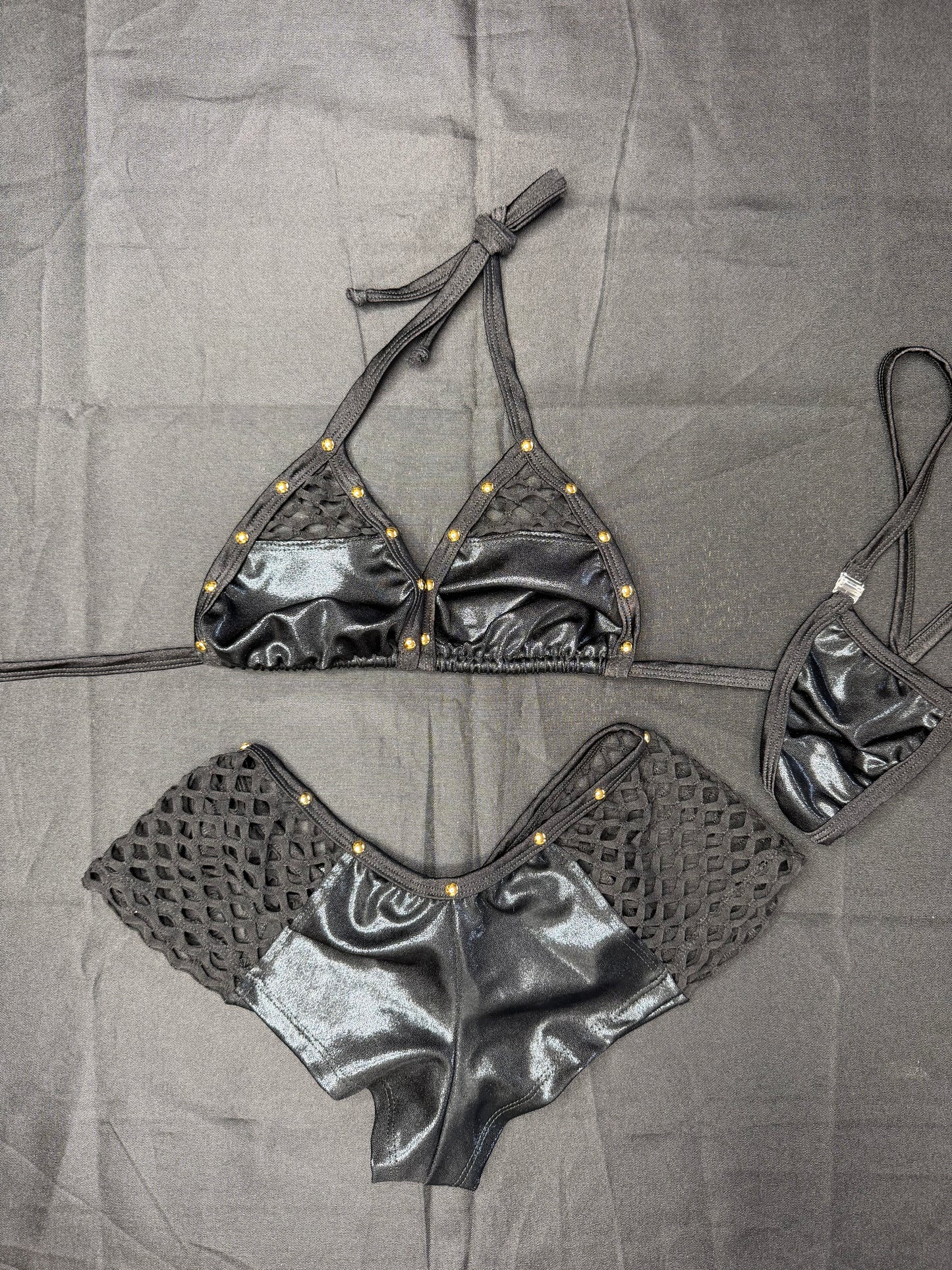 Black/Metallic Black Spandex Two-Piece Shorts Lingerie Outfit