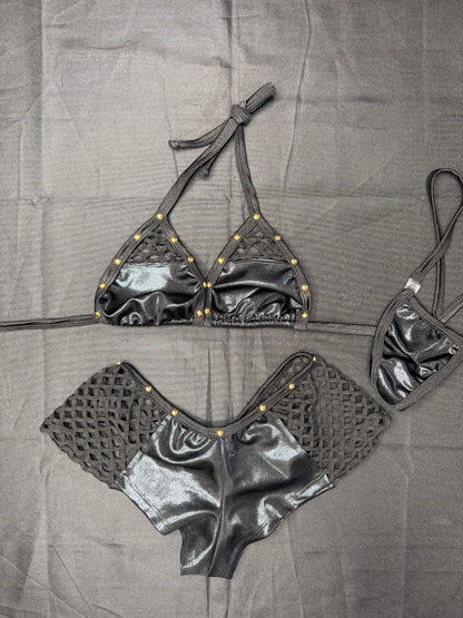 Black/Metallic Black Spandex Two-Piece Shorts Lingerie Outfit