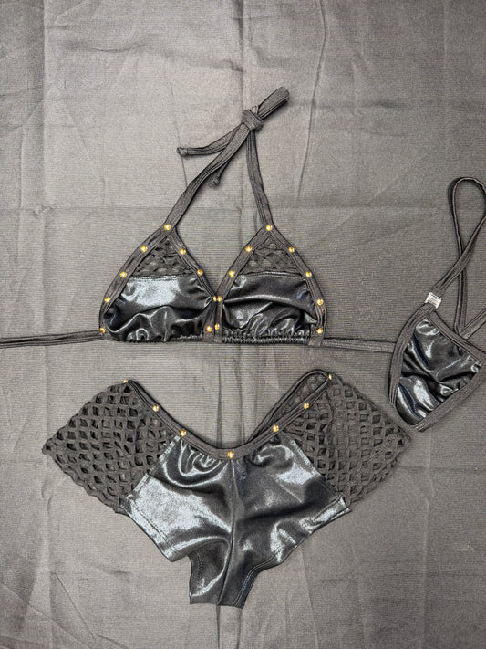 Black/Metallic Black Spandex Two-Piece Shorts Lingerie Outfit