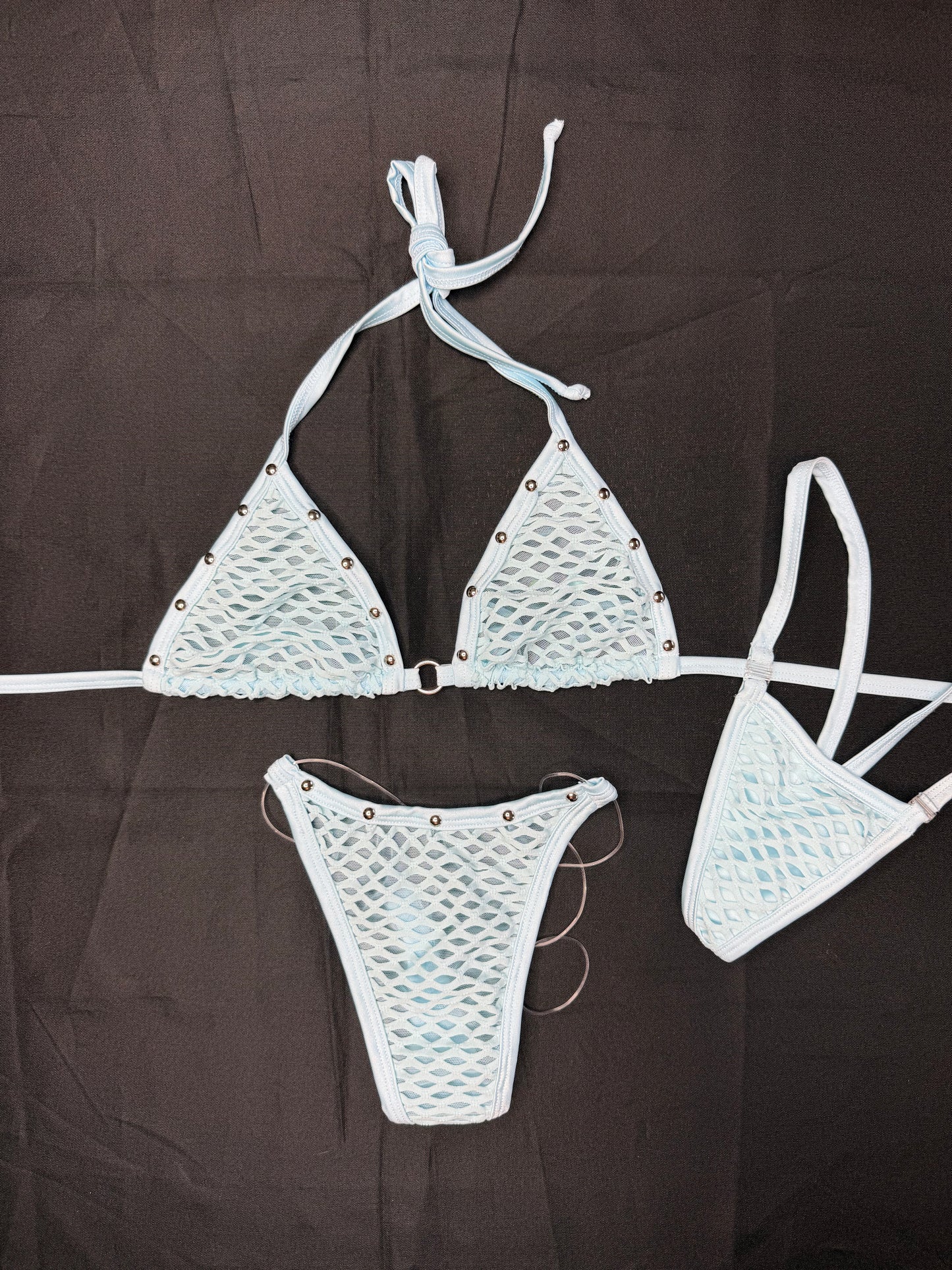 Baby Blue Fishnet Spandex Two-Piece Bikini Lingerie Outfit
