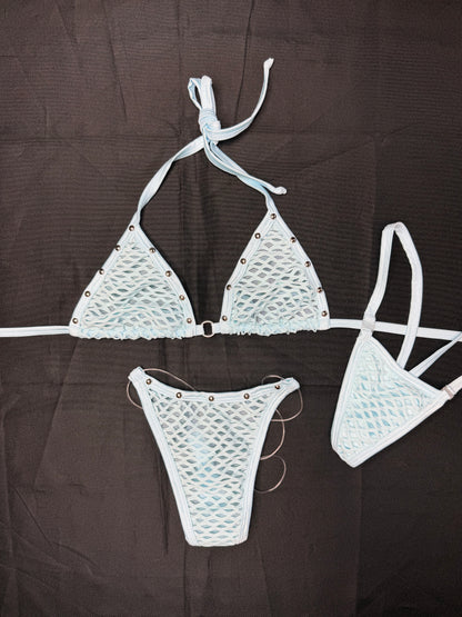 Baby Blue Fishnet Spandex Two-Piece Bikini Lingerie Outfit