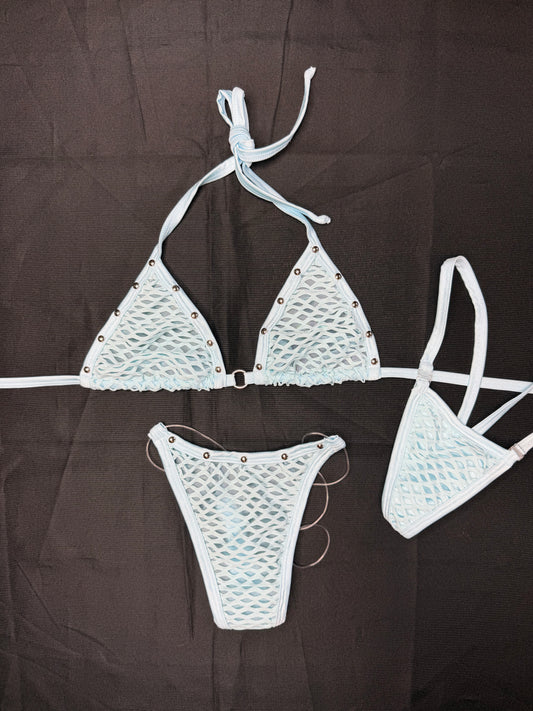 Baby Blue Fishnet Spandex Two-Piece Bikini Lingerie Outfit