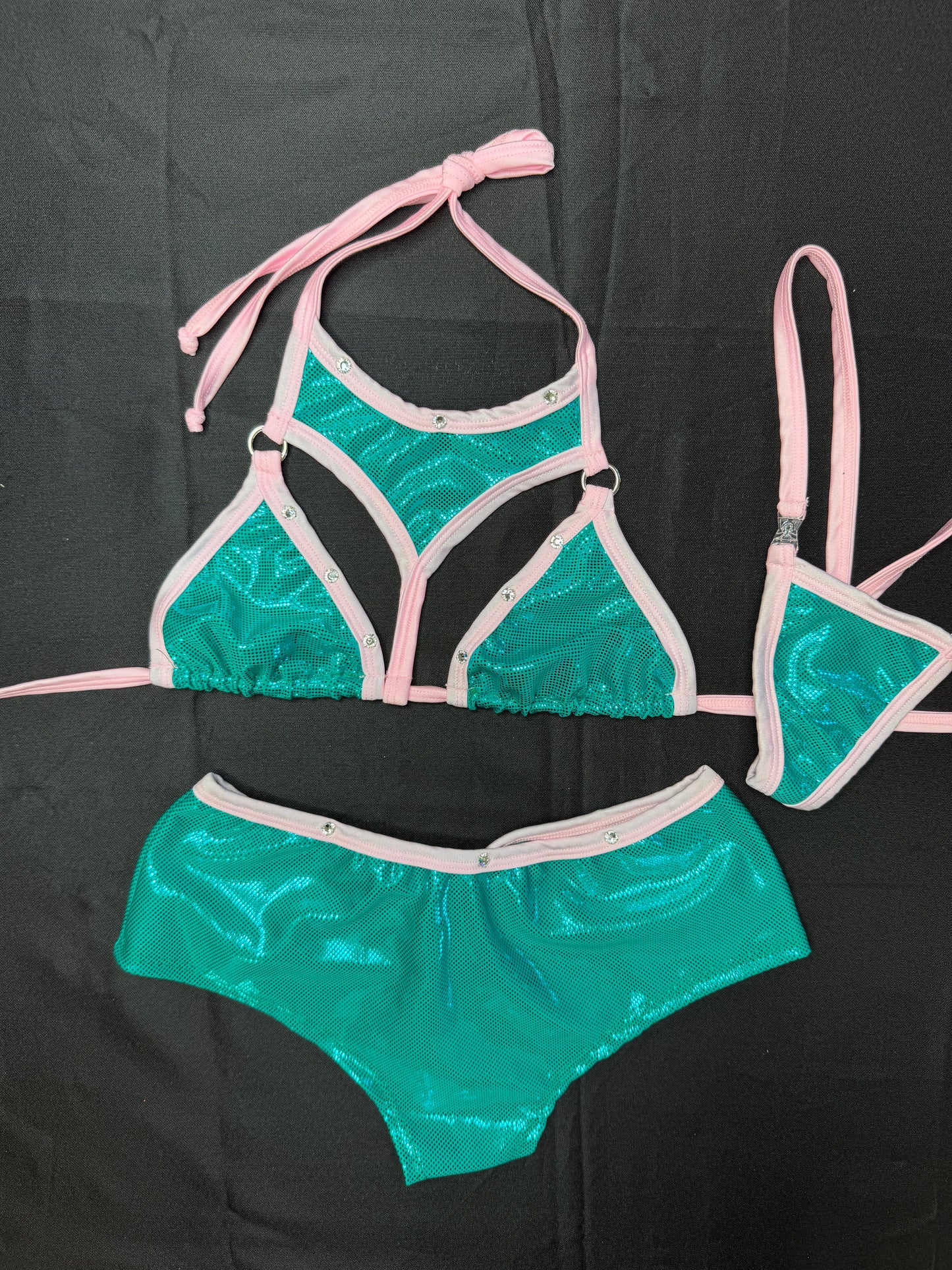 Teal/Baby Pink Spandex Two-Piece Shorts Lingerie Outfit