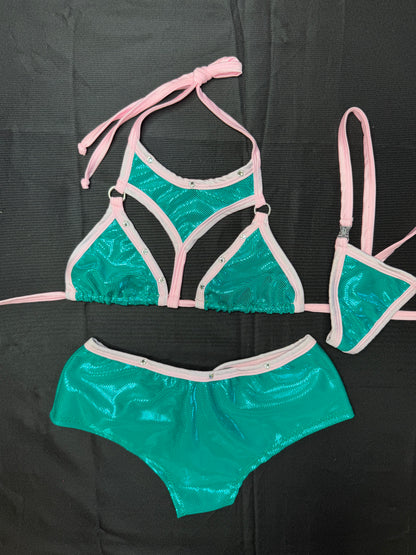 Teal/Baby Pink Spandex Two-Piece Shorts Lingerie Outfit