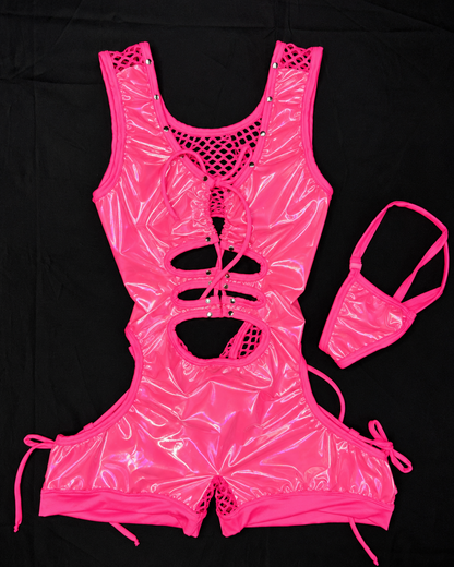 Hot Pink Vinyl/Fishnet Spandex Romper Lingerie Outfit