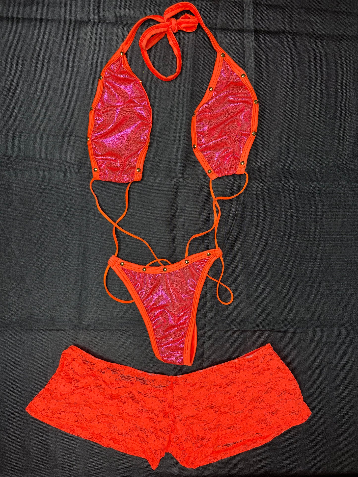 Metallic Hot Pink/Fuchsia Spandex/Lace Sling-Shot Lingerie Outfit