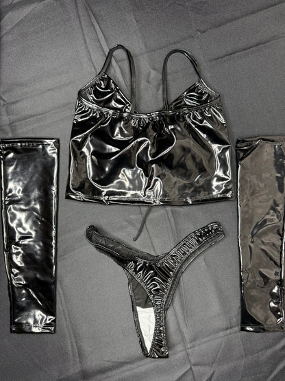 Black Latex Three-Piece Lingerie Outfit