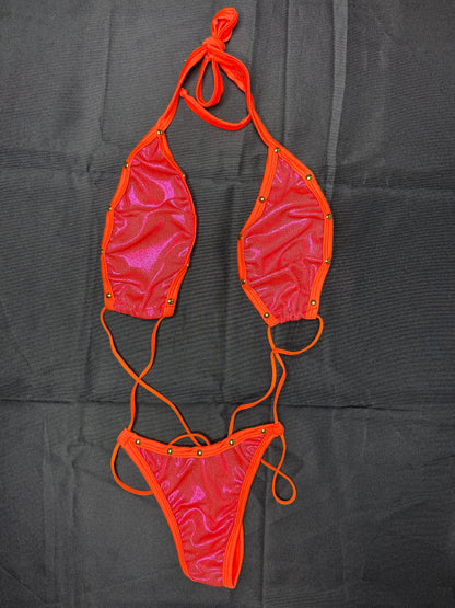 Metallic Hot Pink/Fuchsia Spandex/Lace Sling-Shot Lingerie Outfit