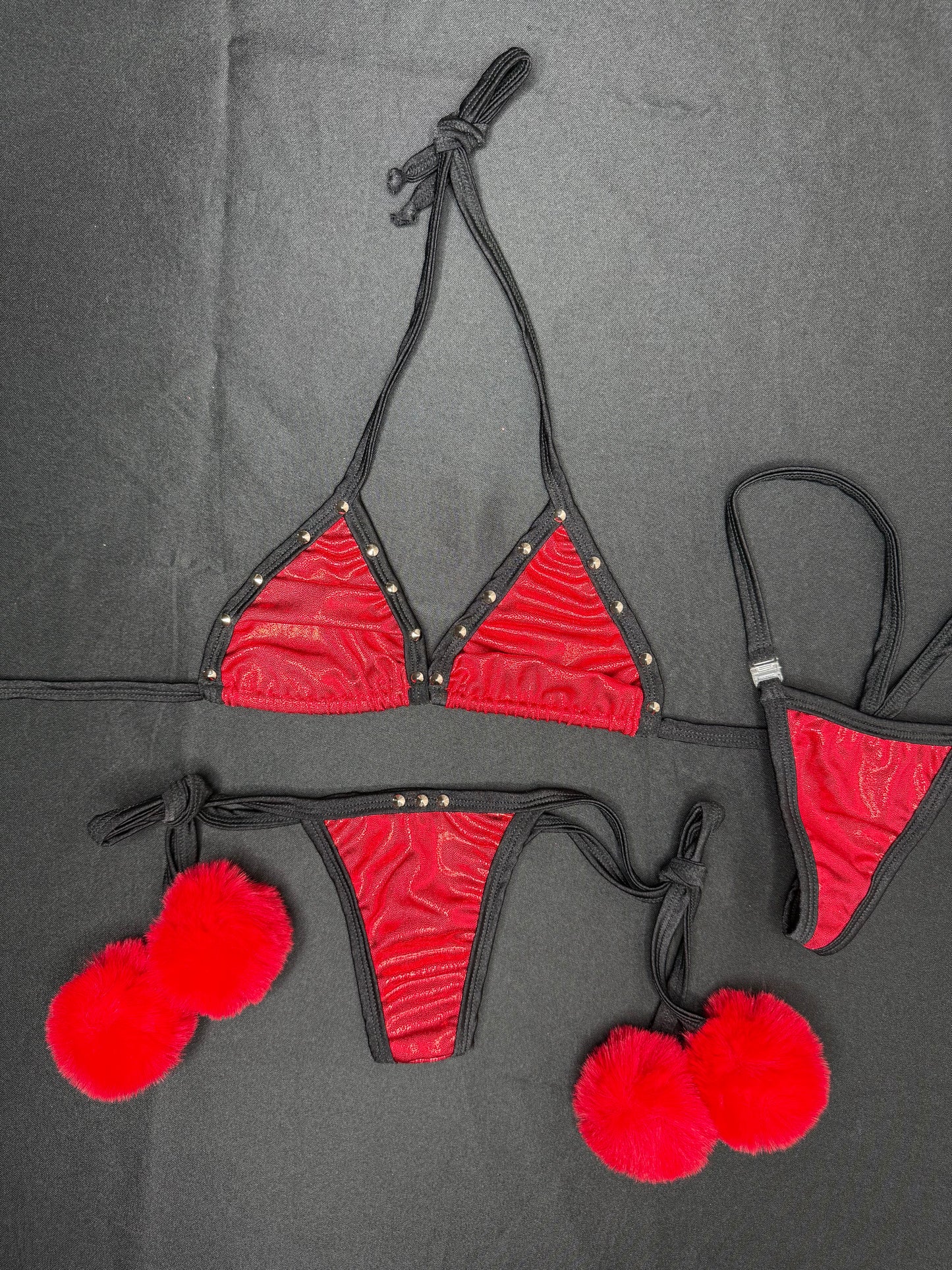 Red/Black Spandex Red Fur Two-Piece Bikini Lingerie Outfit