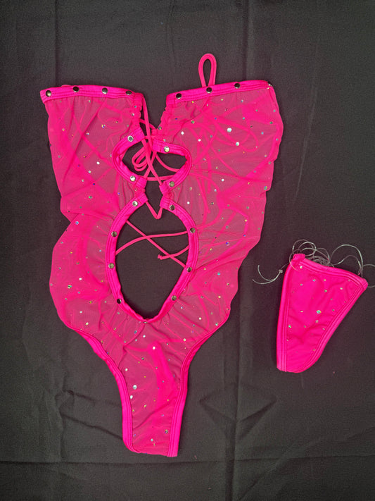 Hot Pink Mesh One-Piece Lingerie Outfit