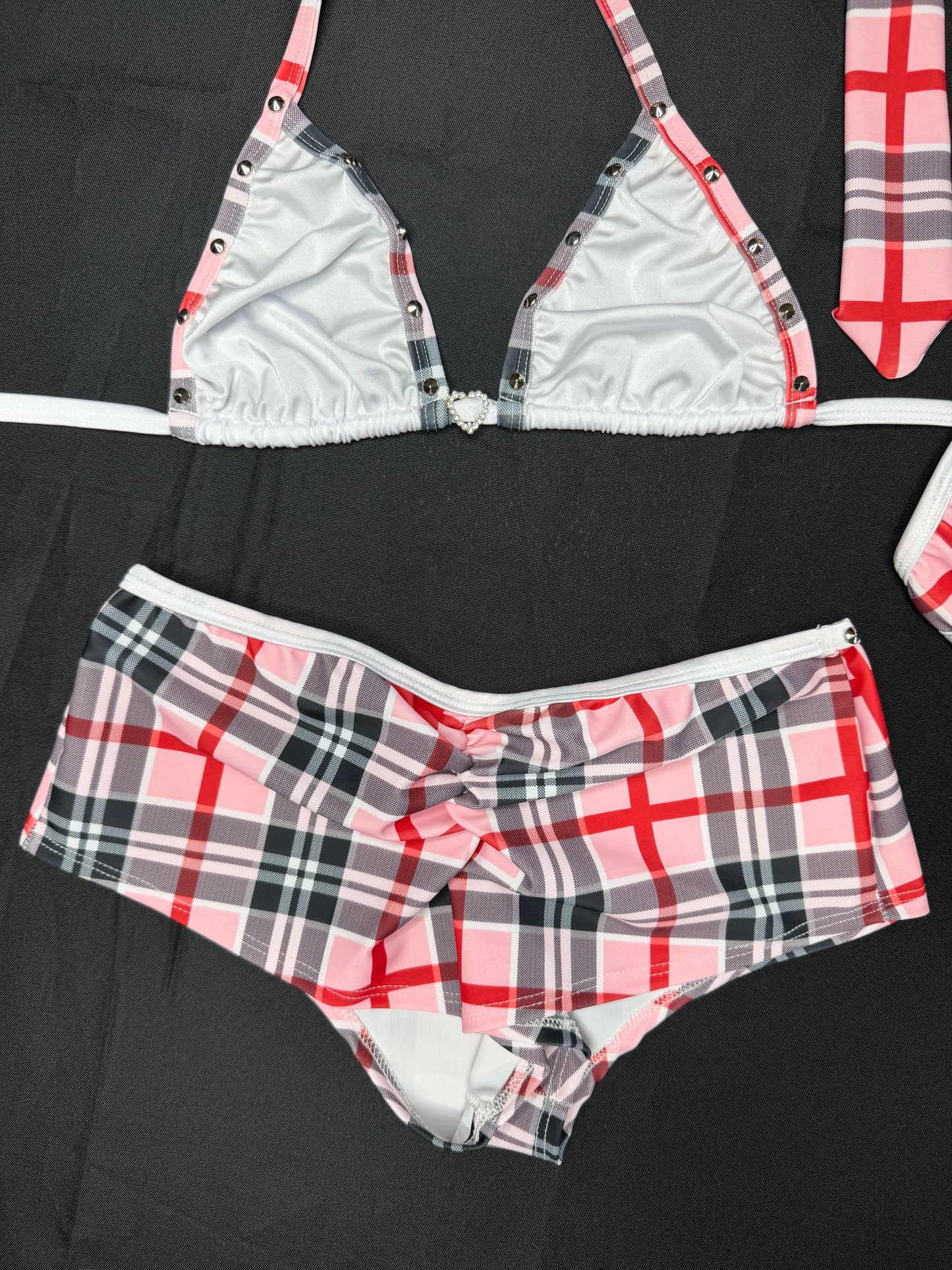 Light Pink/Red Spandex/White Lace Two-Piece Shorts with Tie School Girl Lingerie Outfit