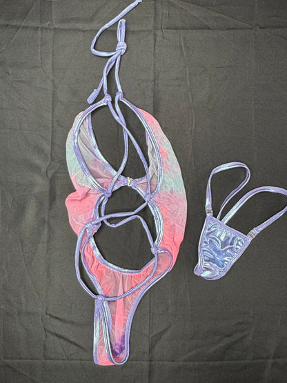 Metallic Lavender Spandex/Pink Ombre Mesh One-Piece Lingerie Outfit