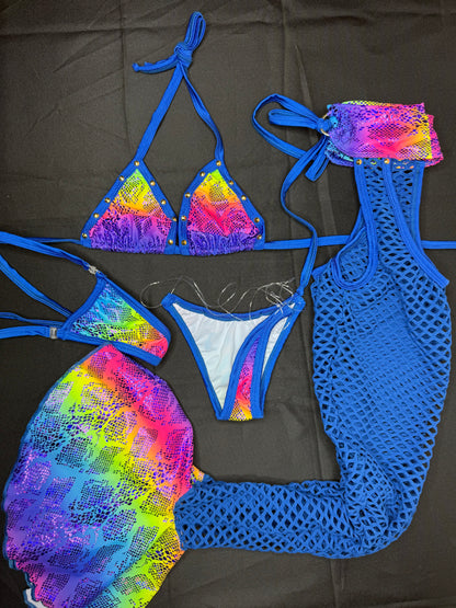 Royal Blue/Rainbow Animal Print Spandex Bikini Top/Chaps Leg Lingerie Outfit