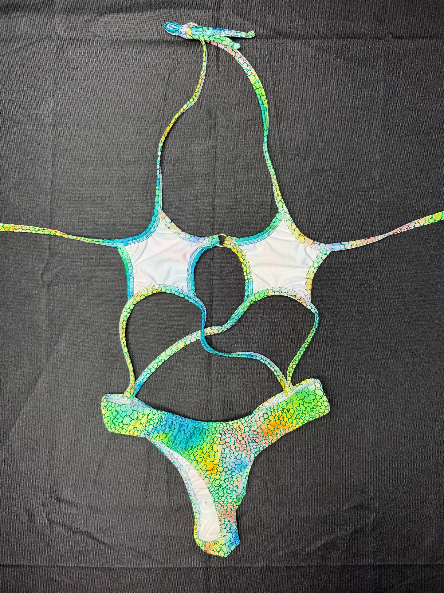 Rainbow/Baby Blue Spandex Three-Piece Shorts/Slingshot Lingerie Outfit