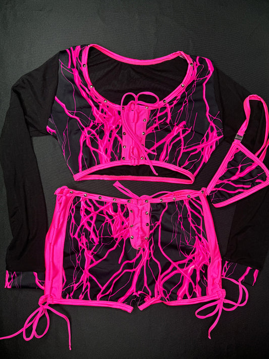 Hot Pink Thunder Spandex/Black Mesh Two-Piece Lingerie Outfit