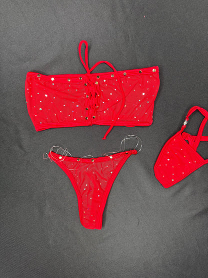 Red Sparkle Mesh Tube Top/Silicone String Bikini Two-Piece Lingerie Outfit
