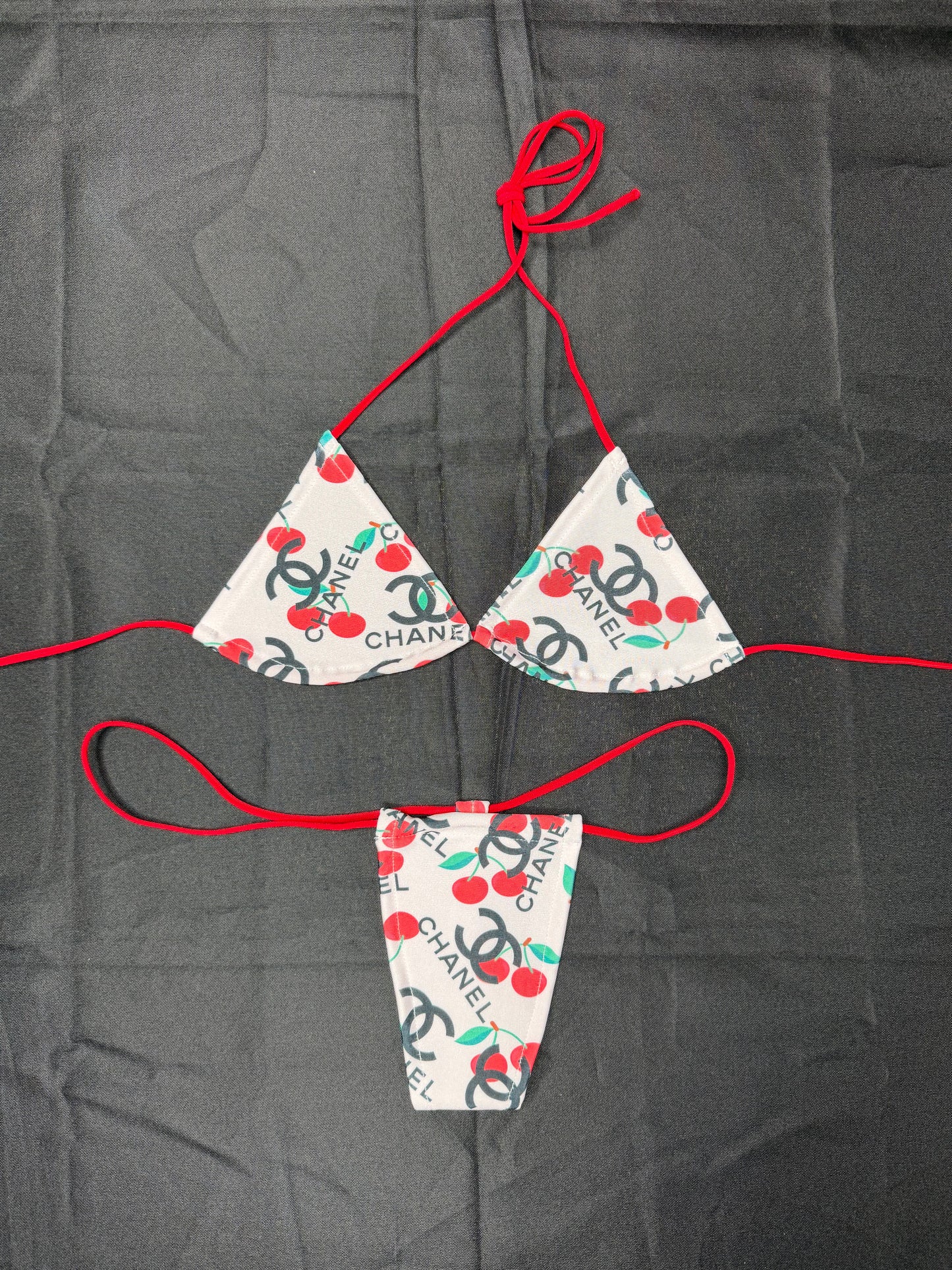 Designer White/Red Cherry Spandex Micro Bikini Lingerie Outfit