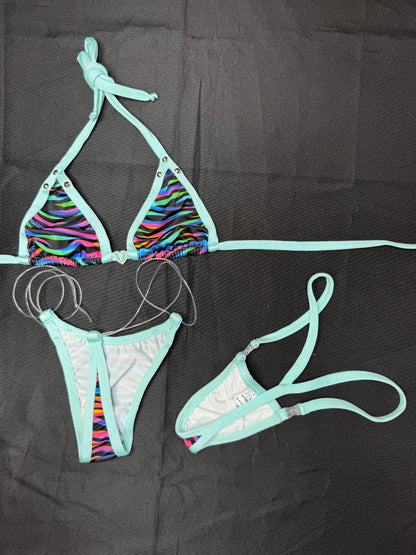 Cyan/Stripes Spandex Two-Piece Bikini Lingerie Outfit