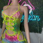 Neon Yellow Fishnet Animal Print Spandex Romper Lingerie Outfit
