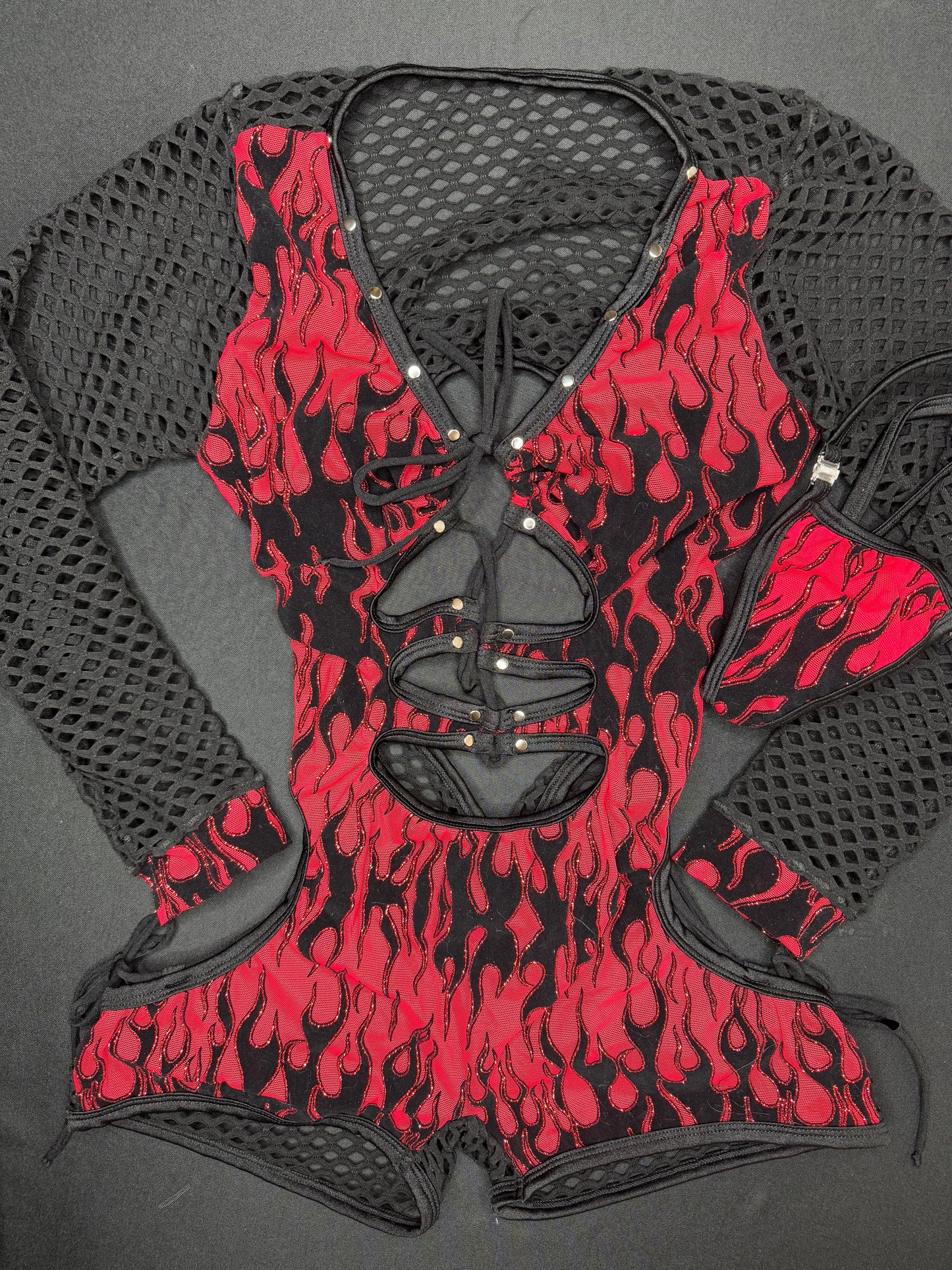 Red Glitter Mesh Flame Black Fishnet One-Piece Romper Lingerie Outfit