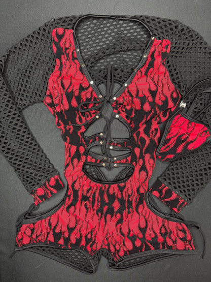 Red Glitter Mesh Flame Black Fishnet One-Piece Romper Lingerie Outfit