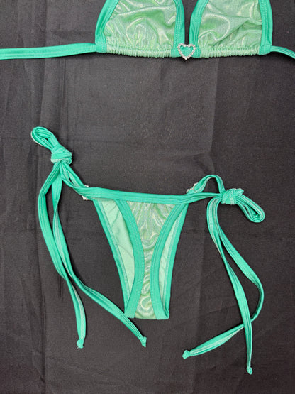 Metallic Mint/Mint Spandex Two-Piece Bikini Lingerie Outfit