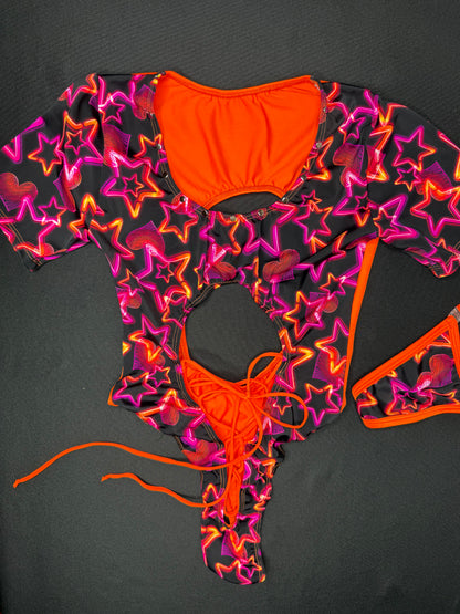 Star Print/Orange Spandex One-Piece Short Sleeve Leotard Outfit