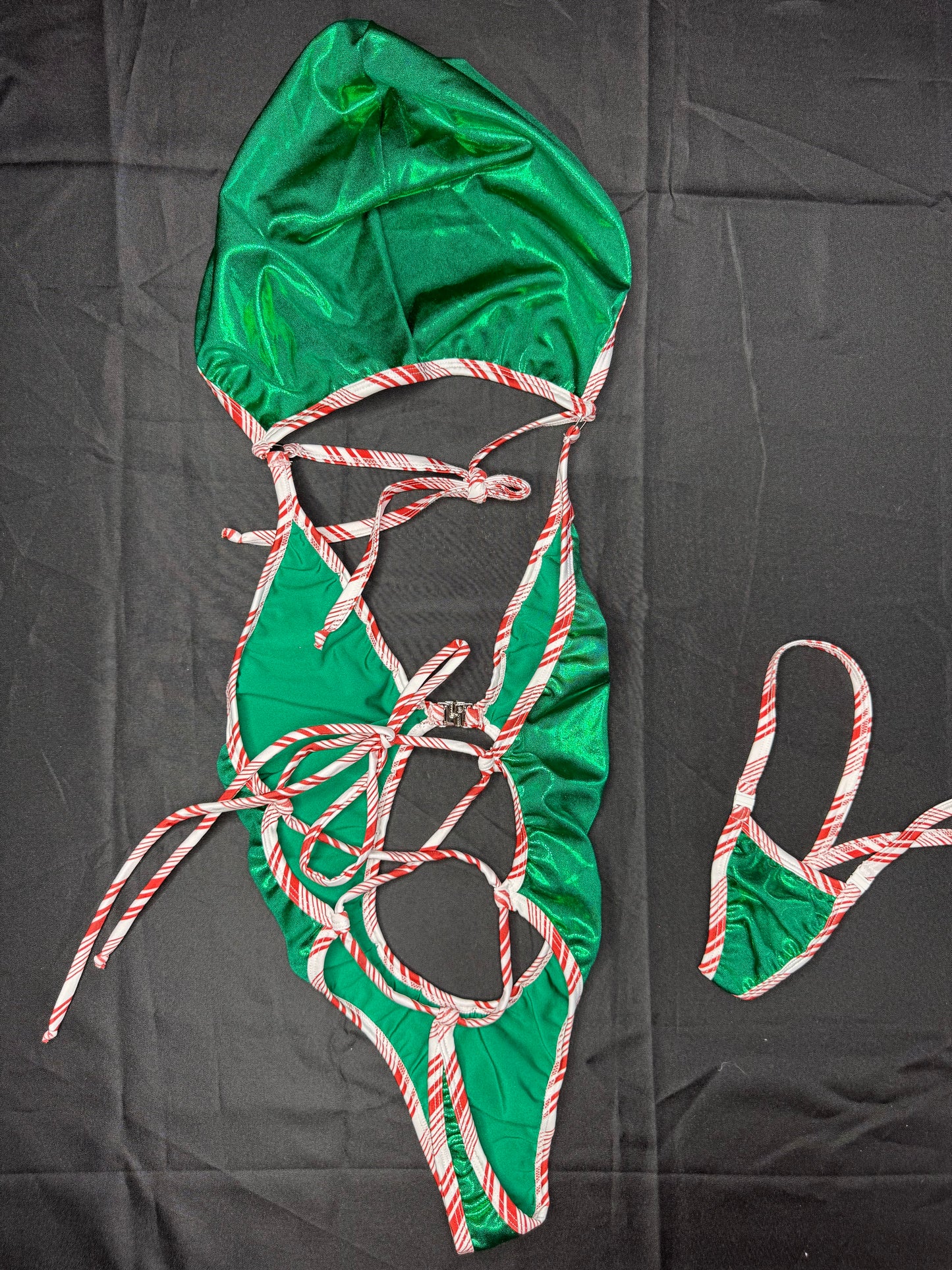 Metallic Green Spandex One-Piece Hoodie Christmas Lingerie Outfit