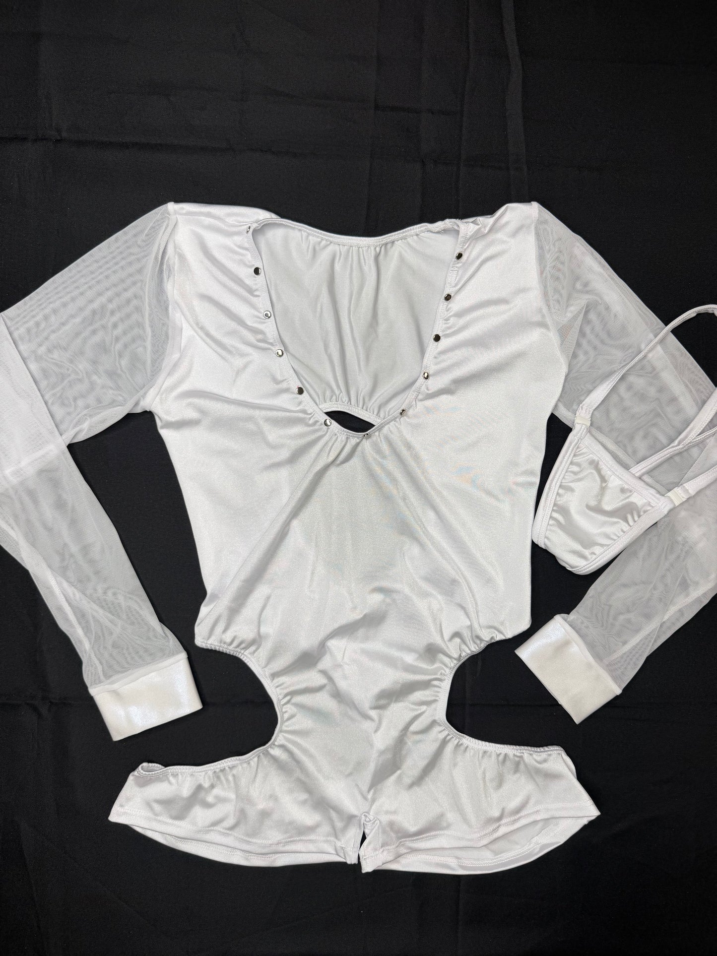 Pearl White Spandex/White Mesh Romper Lingerie Outfit