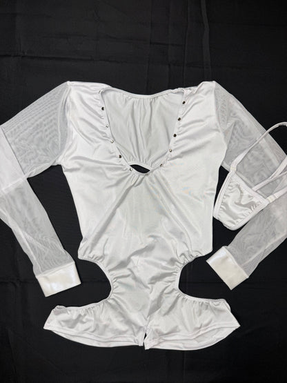 Pearl White Spandex/White Mesh Romper Lingerie Outfit