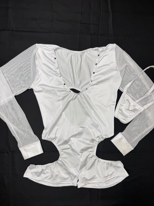 Pearl White Spandex/White Mesh Romper Lingerie Outfit