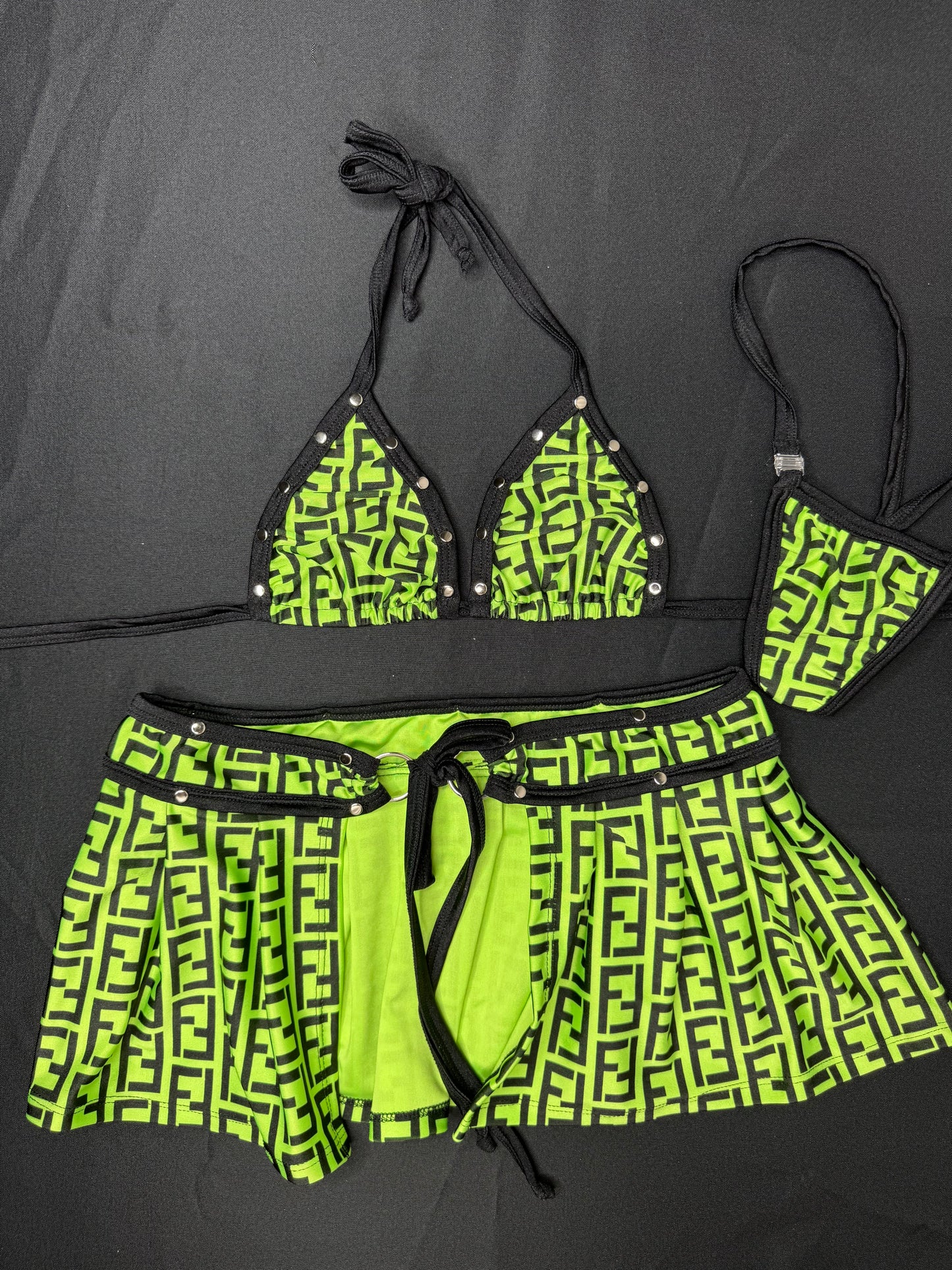 Neon Yellow Designer Bikini Top/Skirt Two-Piece Lingerie Outfit