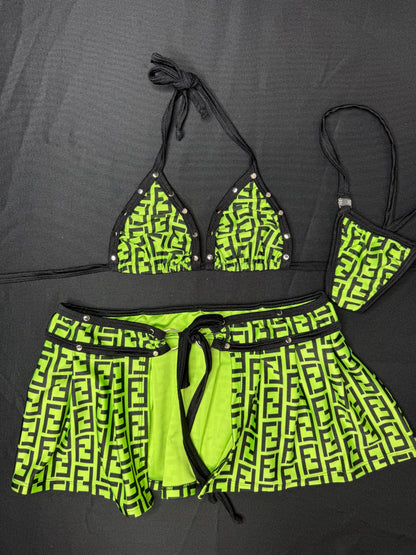 Neon Yellow Designer Bikini Top/Skirt Two-Piece Lingerie Outfit