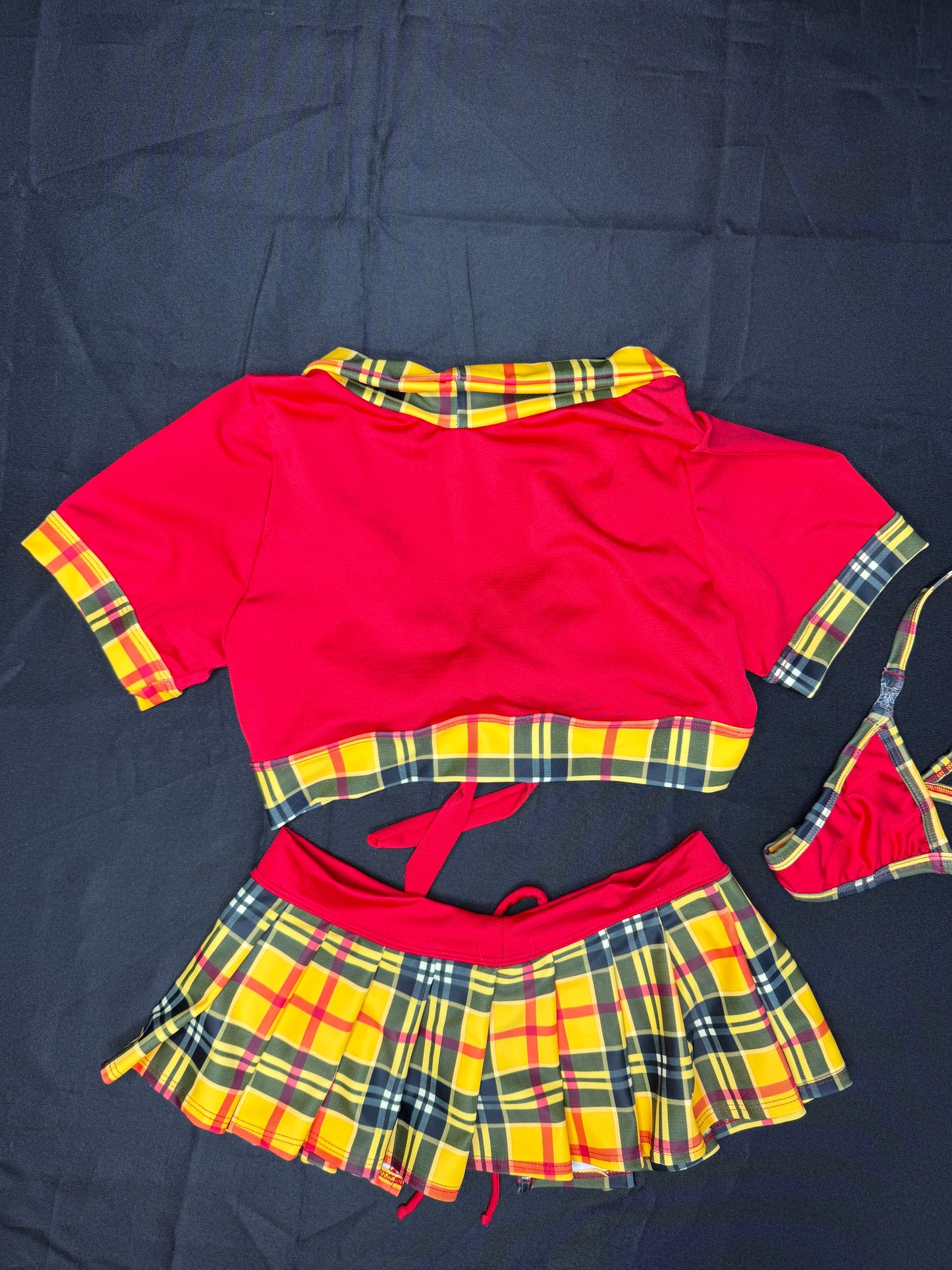 Red/Yellow Plaid Spandex Short Sleeve/Tie Skirt/Tie School Girl Outfit
