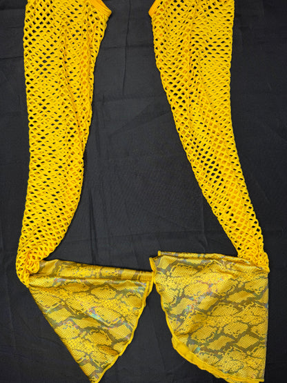 Yellow Animal Print/Daffodil Yellow Fishnet Spandex Chaps Leg Outfit/Bikini Lingerie Outfit
