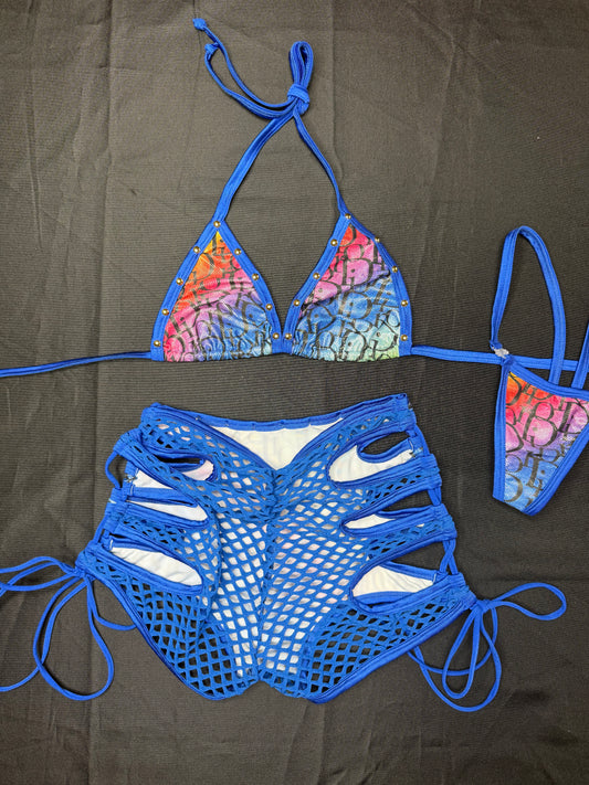 Rainbow Designer/Royal Blue Spandex Bikini Top/Shorts Two-Piece Lingerie Outfit