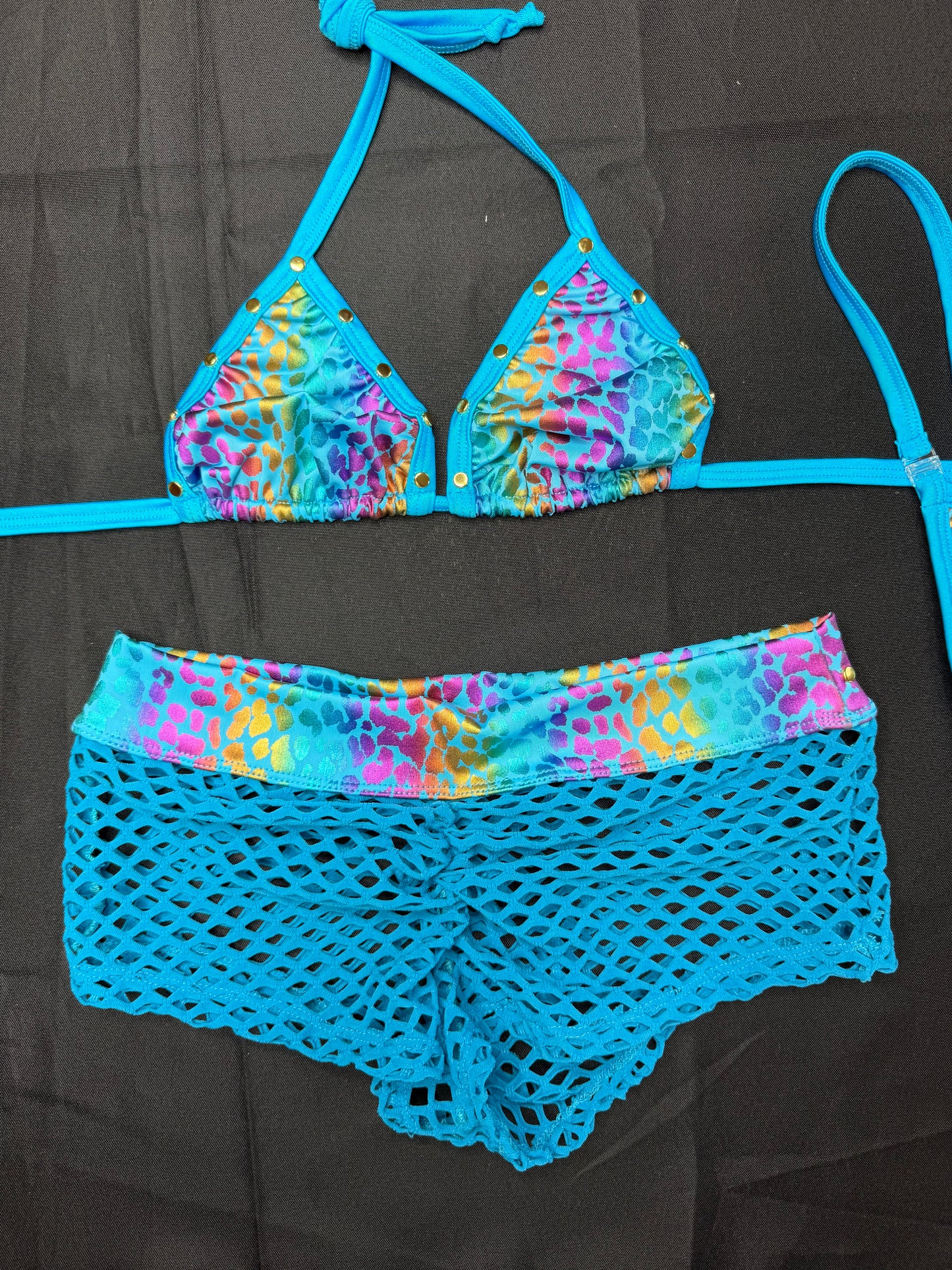 Turquoise/Animal Print Spandex Bikini Top/Shorts Two-Piece Lingerie Outfit