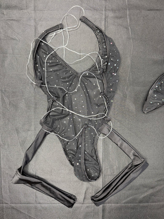 Black Mesh/Spandex One-Piece Garters Lingerie Outfit