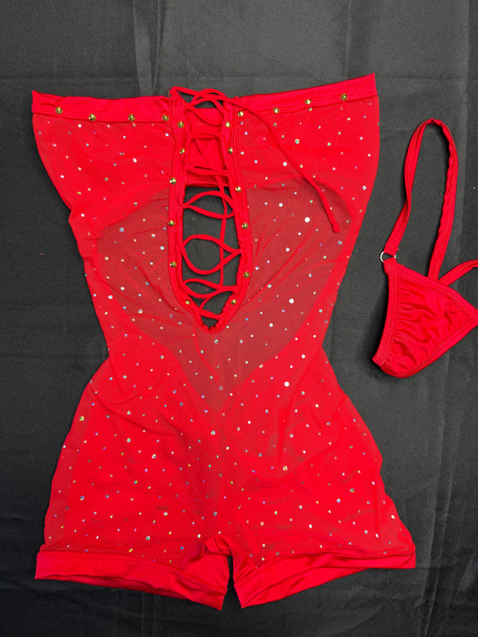 Red Sparkle Mesh/Red Spandex Ripped Back One-Piece Lingerie Outfit