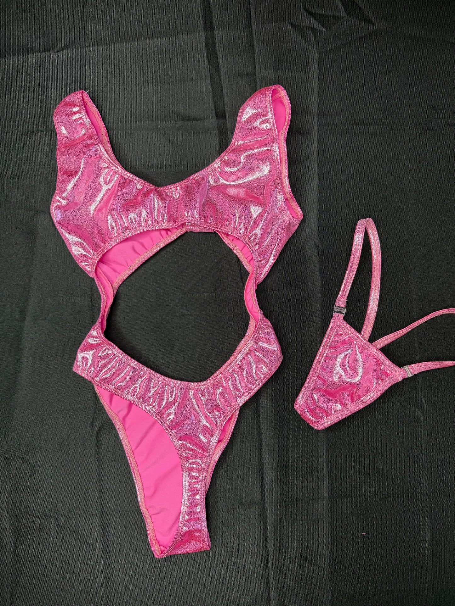 Metallic Pink One-Piece/Sleeves Lingerie Outfit