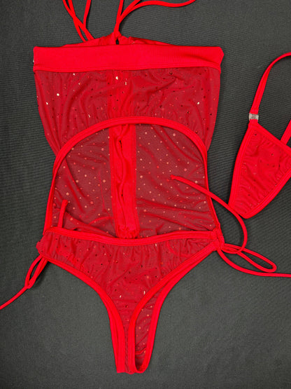 Red Sparkle Mesh One-Piece Lingerie Outfit