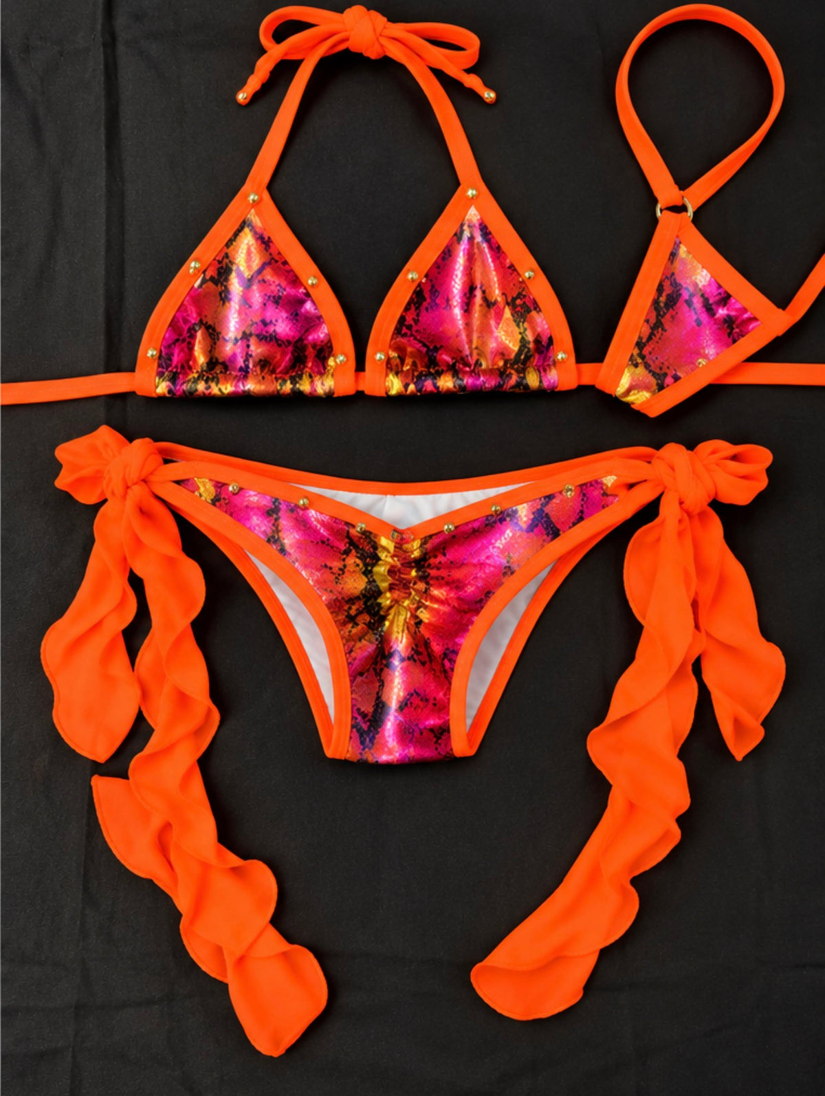 Neon Orange/Snake Skin Spandex Two-Piece Bikini Lingerie Outfit
