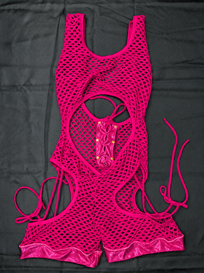 Fuchsia Net & Mystique Berry/Fuchsia Romper Lingerie Outfit