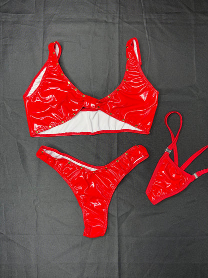 Red Latex Sports Bra/Cheeky Thong Two-Piece Lingerie Outfit